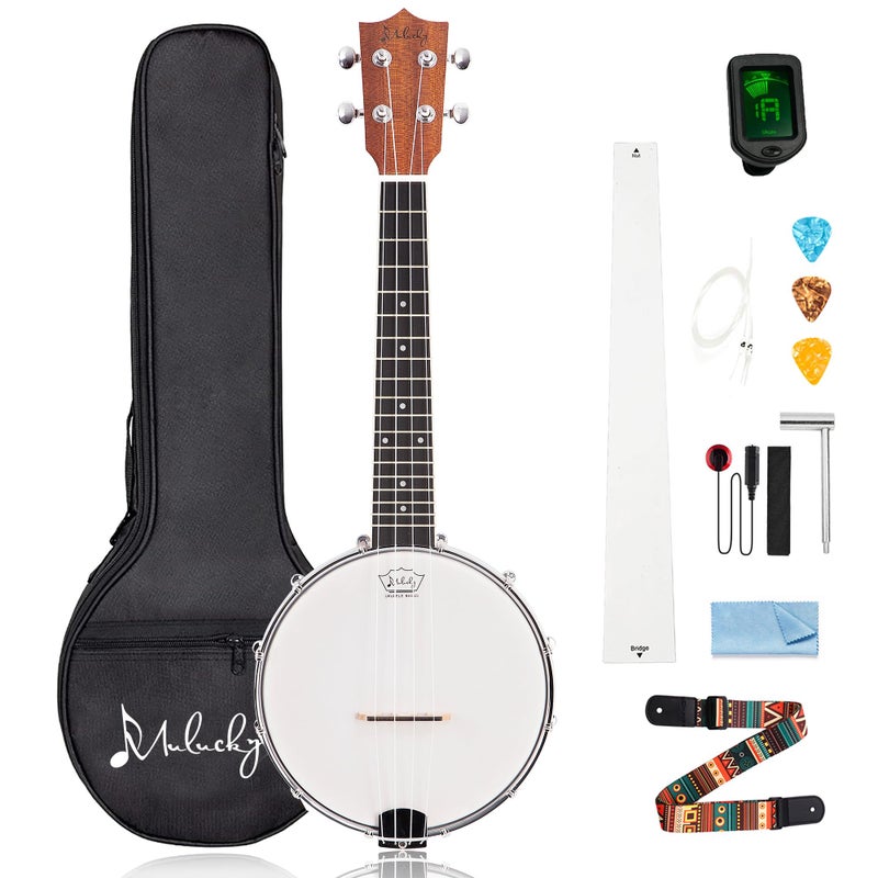 Mulucky 4-String Banjo Ukulele | Banjolele 23" Sapele Wood with Remo Head & Nylon Strings | Dark Brown Travel Kit (Bag, Tuner, Picks) - BU806 - Image 1